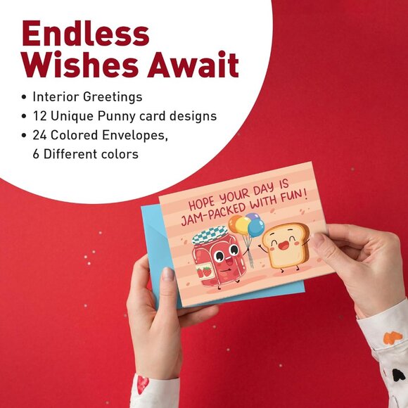 Funny Birthday Cards Bulk Set 24 Punny Cards with Envelopes for All Ages - Picture 3 of 7